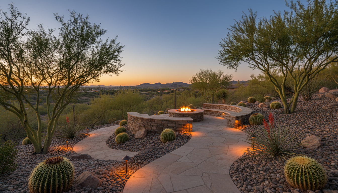 Arizona desert sanctuary backyard with fire pit and flagstone