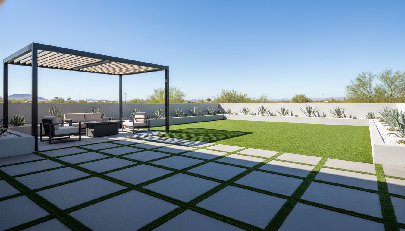 Modern Arizona backyard with charcoal pavers and artificial turf
