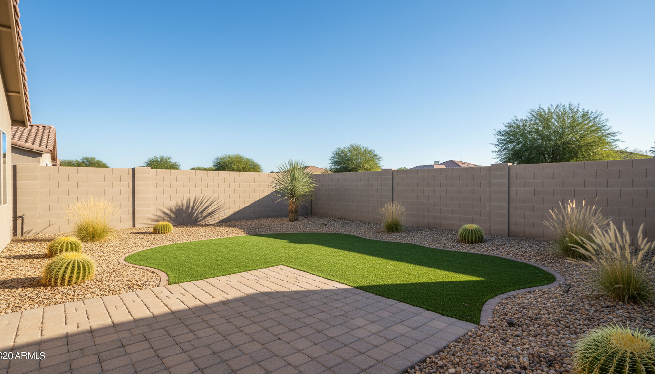 Simple Arizona xeriscape backyard with rock and turf