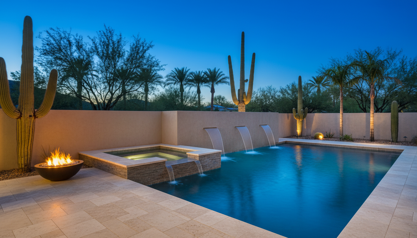 Luxury Arizona backyard pool and spa at twilight